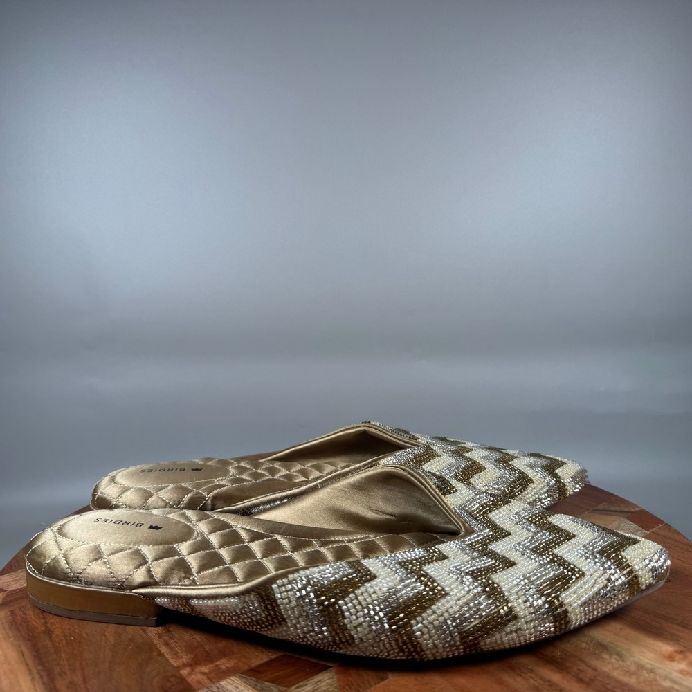 Birdies The Starling Beaded Chevron Mules Gold Silver Pointed Toe Flats Size 9.5